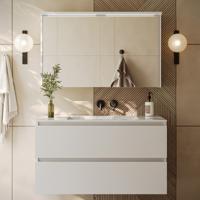 Fontana Rovigo badmeubel 100cm wit mat met witte wastafel zonder kraangat en spiegelkast met verlichting - thumbnail