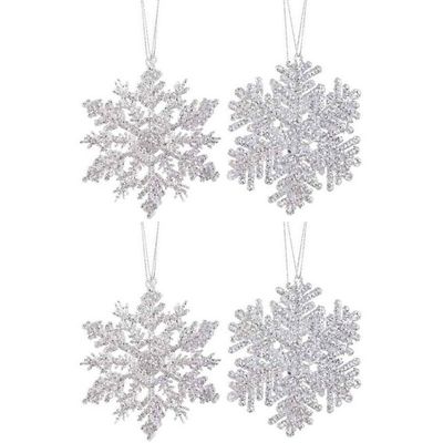 4x Kersthangers figuurtjes zilveren sneeuwvlok/ster 12cm glitter