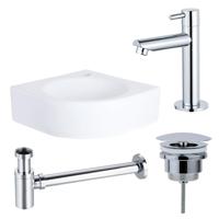 QeramiQ Fuente fonteinset - 30x30x10cm - 1 kraangat - hoek - keramiek - fonteinkraan chroom - glans wit SW696234/SW696209/SW696219/SW679885