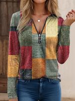 Zipper Casual Loose Multicolor Block T-Shirt