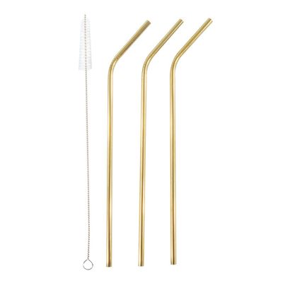 3x Herbruikbare RVS drinkrietjes goud 21 cm met borstel
