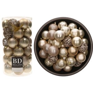 74x stuks kunststof kerstballen parel/champagne 6 cm glans/mat/glitter mix