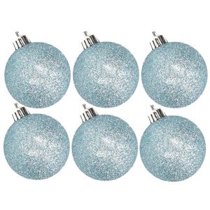 6x stuks kunststof glitter kerstballen ijsblauw 8 cm - Kerstbal