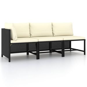 vidaXL 3-delige Loungeset met kussens poly rattan zwart