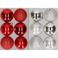 12x stuks kunststof kerstballen mix van rood en zilver 8 cm   - - thumbnail