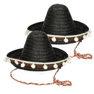 2x stuks zwarte Mexicaanse verkleed sombrero hoed 25 cm voor kinderen