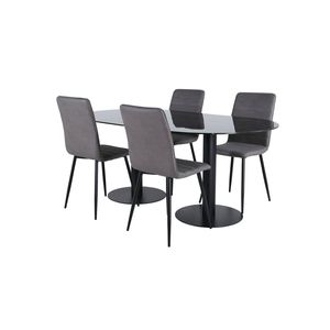 Pillan eethoek eetkamertafel zwart glas marmer decor en 4 Windu Lyx eetkamerstal grijs.