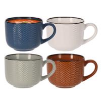 Siaki Soepkommen Fishbone - 4x stuks - met oor - 12 x 9 cm - 560 ml - keramiek