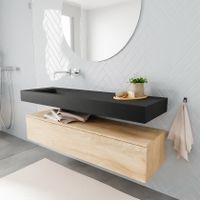 Mondiaz Alan badmeubel 150 cm washed oak 1 lade vrijhangend wastafel links zonder kraangat zwart