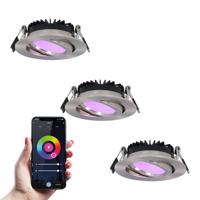 Set van 3 Rome smart inbouwspots - IP44 Waterdicht - 6 Watt 480 lumen - Kantelbaar - Lage inbouwdiepte 27mm - Wifi + Bluetooth - RGBWW - Google Home, Amazon Alexa en Siri - RVS - Voor binnen en buiten