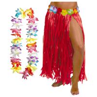 Hawaii verkleed hoela rokje en bloemenkrans met led - volwassenen - rood - tropisch themafeest - thumbnail