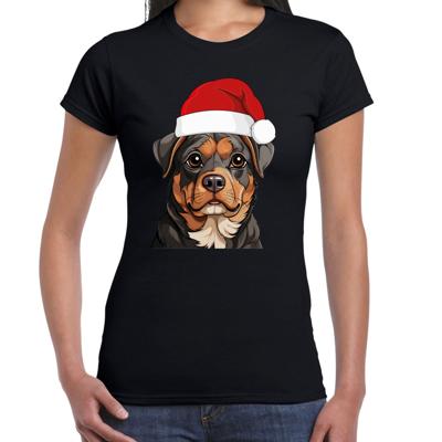 Kerst T-shirt voor dames - Rottweiler hond met kerstmuts - zwart - Kerstfeest Kerst T-shirt voor dames - Rottweiler hond met kerstmuts - zwart - Kerstfeest