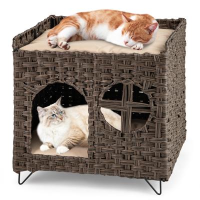 Kattenhuis van PE-rattan Opvouwbaar 2 Verdiepingen Kattenbed met Grote Zitstaaf Afneembare Kussen 50,5 x 45 x 50 cm