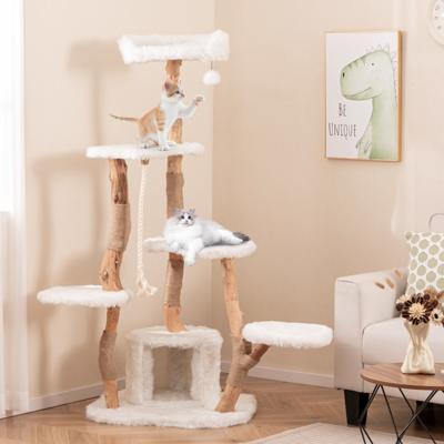 168 cm Houten Krabpaal met Platforms & Hol & Krabpalen & Sisaltouw Kattenboom