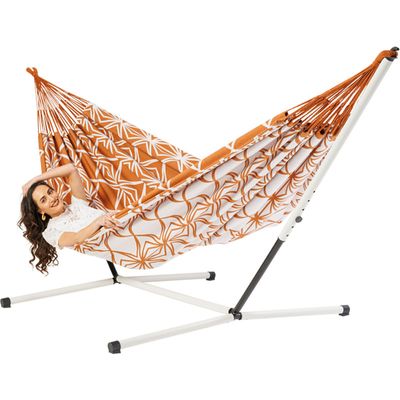 Familie hangmat met metalen standaard - 400x180cm - Oranje - 200kg draagkracht- 100% katoen - binnen & buiten