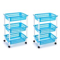 2x stuks opberg trolley/roltafel/organizer met 3 manden 40 x 30 x 61,5 cm wit/lichtblauw