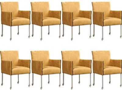 Set van 8 Feloranje leren moderne kuipstoel More - poot rond rvs met wiel - Kenia Leer Walnut (feloranje leer)
