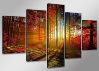 Schilderij - Zonsondergang door de Bomen, Rood/Oranje, 160X80cm, 5luik