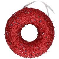 1x Kersthangers figuurtjes donut kerst rood met kraaltjes 10 cm