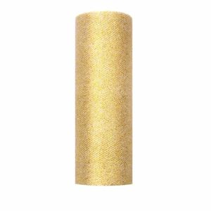 5x Rolletje tule stof goud met glitters 15 cm