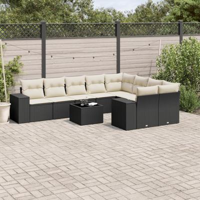 10-delige Loungeset met kussens poly rattan zwart