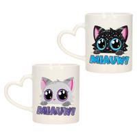 Cadeau set van 2x stuks koffie/thee drink mokken - poes/kat - Miauw - hartjes oor - keramiek