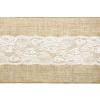 Jute tafellopers - 28 x 275 cm - met wit kant - Thema antiek/romantisch - Tafeldecoratie versieringe