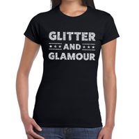 Glitter and Glamour zilver glitter tekst t-shirt zwart dames - thumbnail
