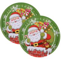 HI bord met kerstman - 2x - groen - metaal - 26 cm - kerstontbijt - kerstdiner - kerstartikelen
