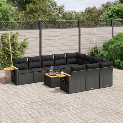 11-delige Loungeset met kussens poly rattan zwart
