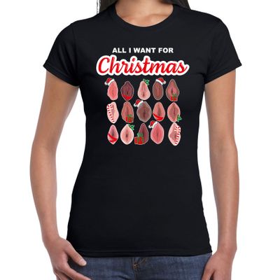 Foute kersttrui/t-shirt voor dames - All I want for Christmas - vagina - zwart Foute kersttrui/t-shirt voor dames - All I want for Christmas - vagina - zwart