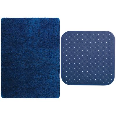 MSV Douche anti-slip mat en droogloop mat - Venice badkamer set - rubber/microvezel - donkerblauw