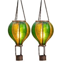 Solar luchtballon lantaarn - 2x - groen - hangend - 20 led lampjes - vlam effect - 14 x 45 cm