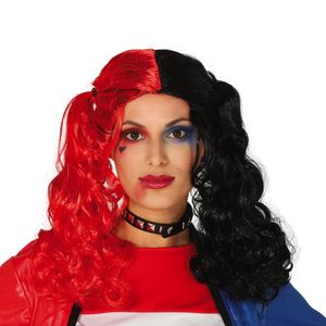 Halloween verkleedpruik lang haar met staartjes - zwart/rood - dames