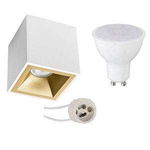 Opbouwspot Set - Pragmi Cliron Pro - GU10 Fitting - Dimbaar - Opbouw Vierkant - Mat Wit/Goud - 6W - Natuurlijk Wit 4200K - Verdiept - 90mm