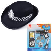 Carnaval verkleed politie agent set - pet/cap zwart - pistool/badge/handboeien set - thumbnail