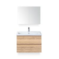 Vogue Badmeubelset 80 cm - Greeplijst in kleur - Grey Oak - Keramische Wastafel Wit 1 kraangat - met Spiegelkast