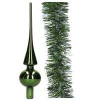 Kerstversiering glazen piek 26 cm glans - met kerstslinger 270 cm - donkergroen - thumbnail