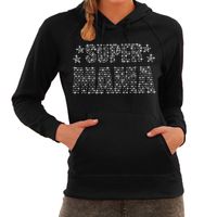 Glitter Super Mama hoodie zwart Moederdag cadeau rhinestones steentjes voor dames - thumbnail