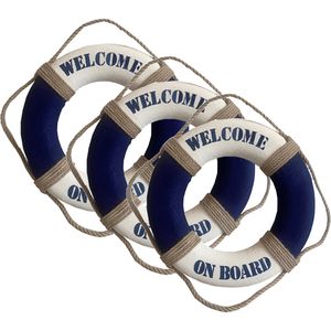 Reddingsboei - 3x - Welcome on board - 35 cm - blauw/wit - kunststof - maritiem thema decoratie