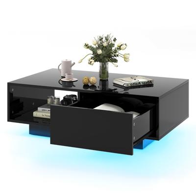 LED Salontafel Moderne Middentafel in Hoogglans met Open Vak en Lade Accenttafel met Verlichting en Afstandsbediening voor Woonkamer