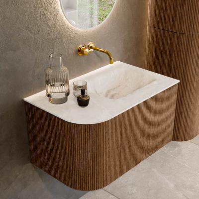 Mondiaz KURVE-DLUX 75 cm Onderkast Greeploos 1 Lade Met Deuren Walnut, Wastafel Solid Surface Rechts Frappe 0 Kraangaten Zonder Spiegel (KRVGRU75L1L1D0KR-Wal/Fra)