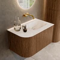 Mondiaz KURVE-DLUX 75 cm Onderkast Greeploos 1 Lade Met Deuren Walnut, Wastafel Solid Surface Rechts Frappe 0 Kraangaten Zonder Spiegel (KRVGRU75L1L1D0KR-Wal/Fra)
