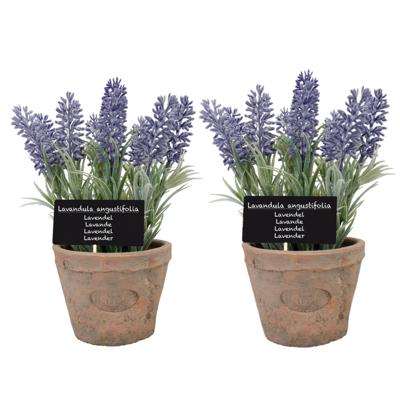 True to Nature Kunstplant - 2x stuks - lavendel - in terracotta pot - 23 cm