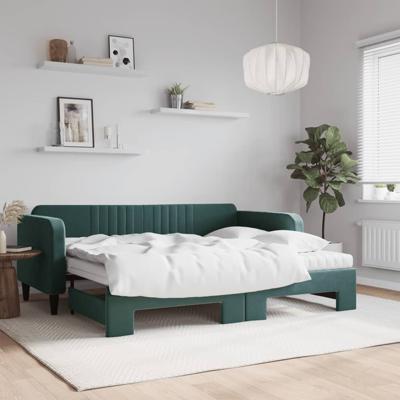 Slaapbank onderschuifbed matrassen 90x200cm fluweel donkergroen
