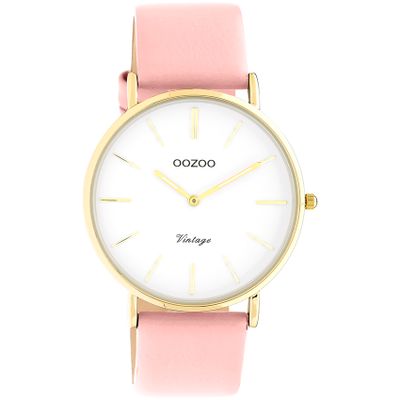OOZOO C20254 Horloge Vintage staal-leder goudkleurig-roze 40 mm