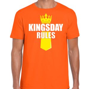 Koningsdag t-shirt Kingsday Rules met kroontje oranje voor heren