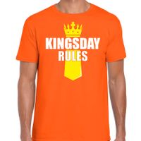 Koningsdag t-shirt Kingsday Rules met kroontje oranje voor heren - thumbnail