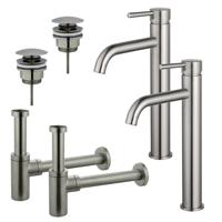 Fortifura Calvi Wastafelkraanset - voor dubbele wastafel - verhoogde wastafelkraan - klikwaste plug - design sifon - Geborsteld RVS PVD (RVS) 2x SW377857/2x SW696201/2x SW696212