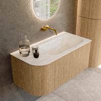 Mondiaz KURVE-DLUX 95 cm Onderkast Greeploos 1 Lade Met Deuren Oak, Wastafel Solid Surface Rechts Ostra 0 Kraangaten Zonder Spiegel (KRVBGS95L1L1D0KR-Oak/Ost)